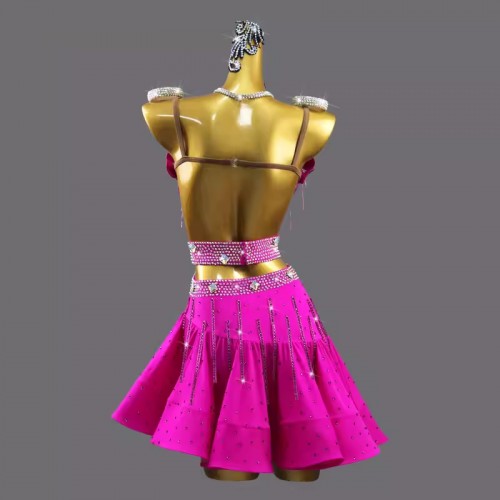 Custom size hot pink gemstones competition latin dance dresses for girls kids juvenile salsa rumba latin stage performance flower dress for children